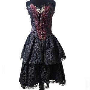 VINTAGE Gunne Sax Jessica McClintock Corset Bustier Tiered Lace Dress Black Red